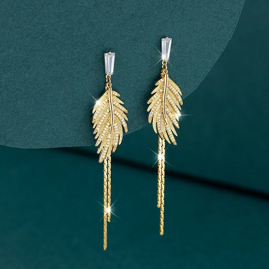 Leaf Tassel Crystal Earrings