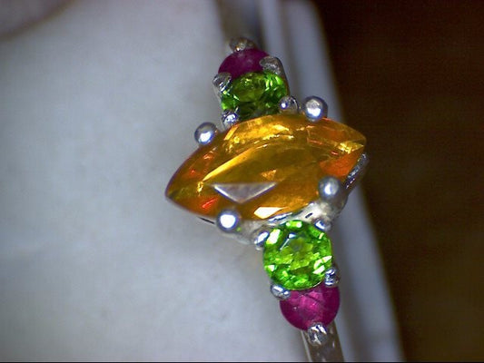 Fire Opal Marquise with Tsavorite and ruby Ring